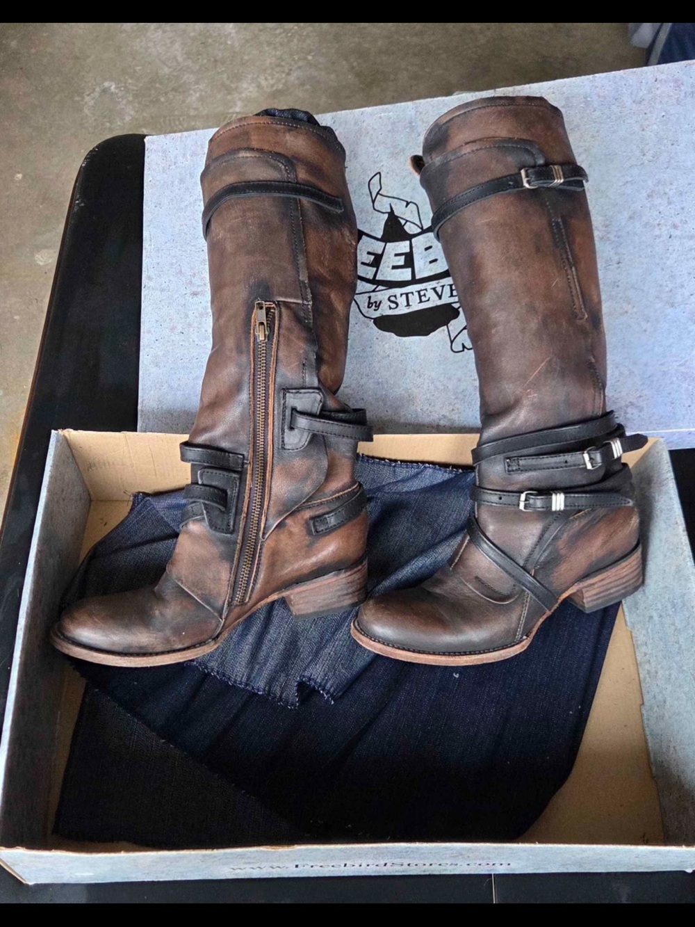 Distressed Brown Leather Knee-High Riding Boots with Buckle Detail - Picture 4 of 10